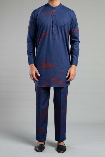 TIE DYE KURTA TROUSER NAVY BLUE - shop at Bareezeman