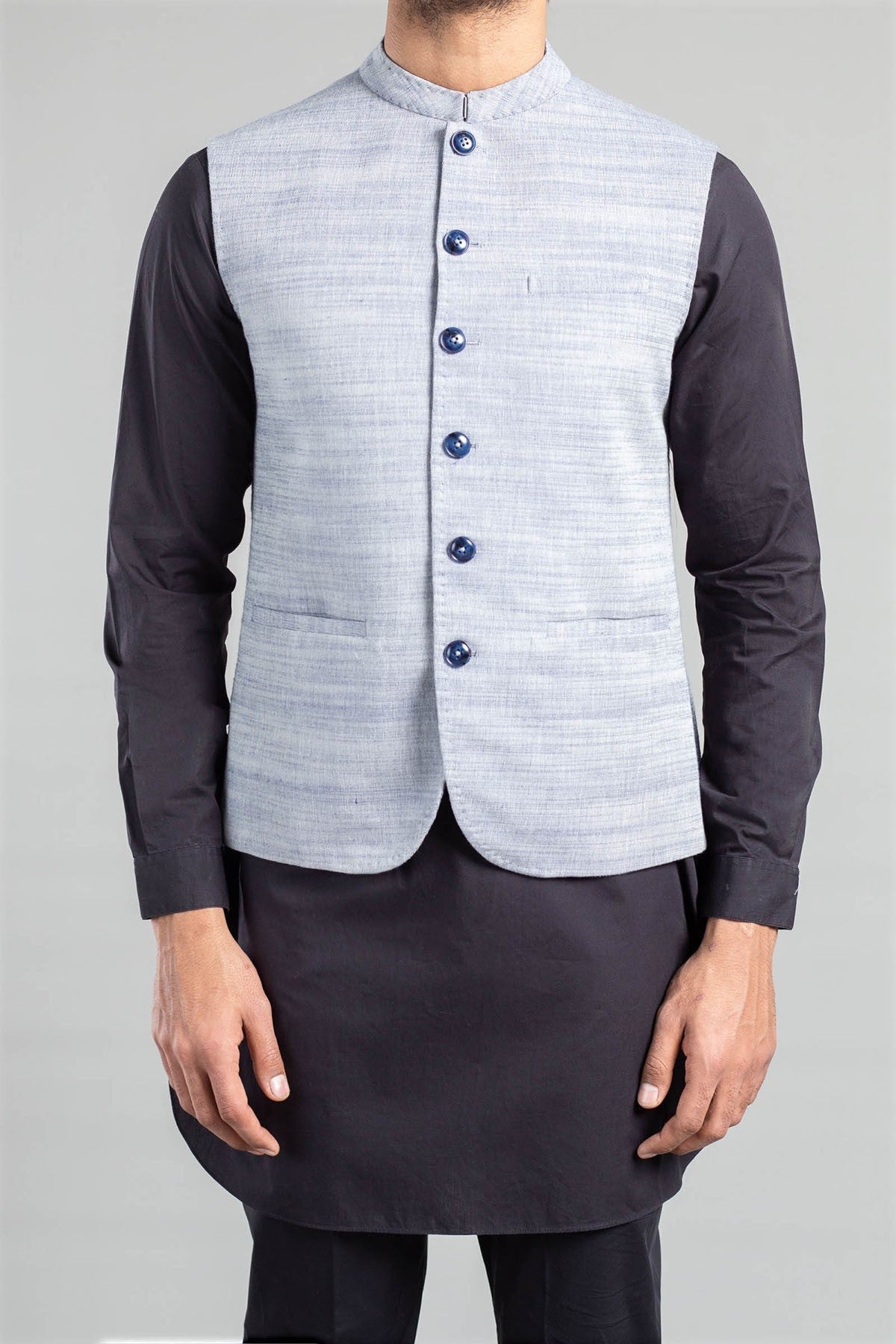 COTTON LINEN WAISTCOAT SKY BLUE - shop at Bareezeman