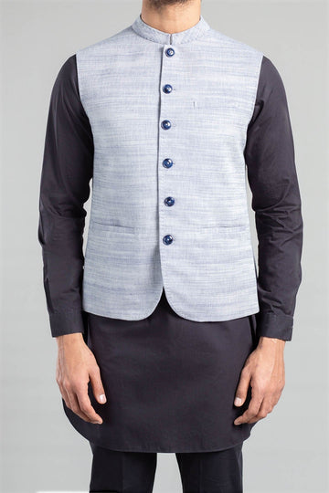 COTTON LINEN WAISTCOAT SKY BLUE - shop at Bareezeman