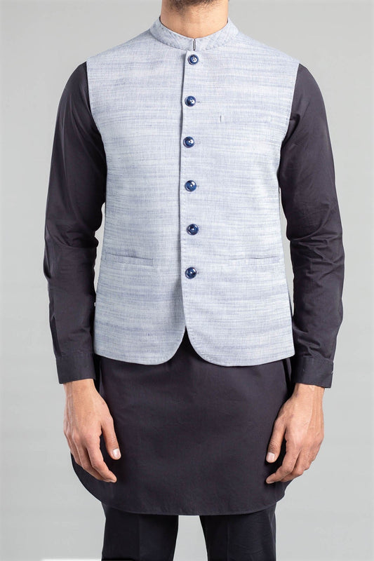 COTTON LINEN WAISTCOAT SKY BLUE - shop at Bareezeman
