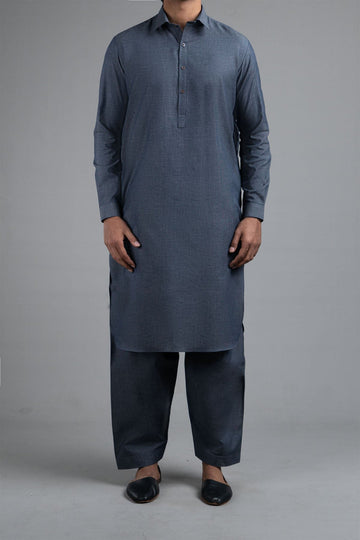 KAMEEZ SHALWAR - DOBBY COTTON  BLUE GREY - shop at Bareezeman