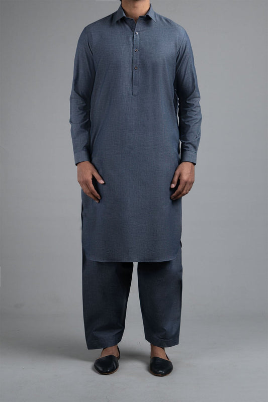 KAMEEZ SHALWAR - DOBBY COTTON  BLUE GREY - shop at Bareezeman