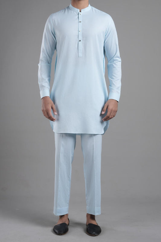 SHORT KURTA TROUSER SKY BLUE - shop at Bareezeman