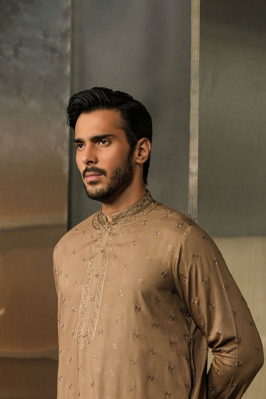 EMBROIDERED-KURTA-OLIVE - shop at Bareezeman