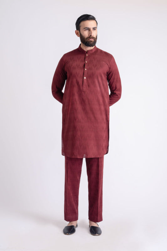 JACQUARD-KURTA TROUSER-MAROON - shop at Bareezeman