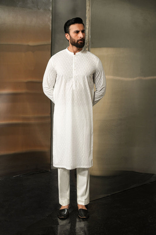 EMBROIDERED-KURTA-WHITE - shop at Bareezeman
