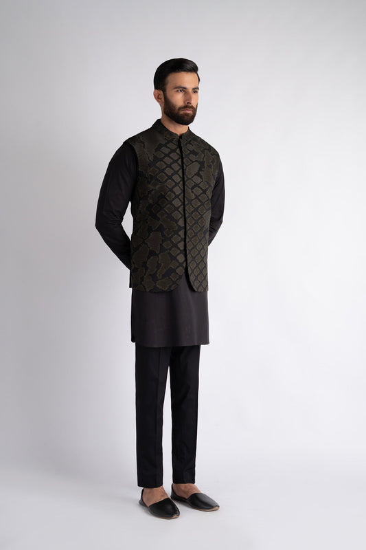 EMBROIDERED-WAISTCOAT-BLAK-GRN - shop at Bareezeman