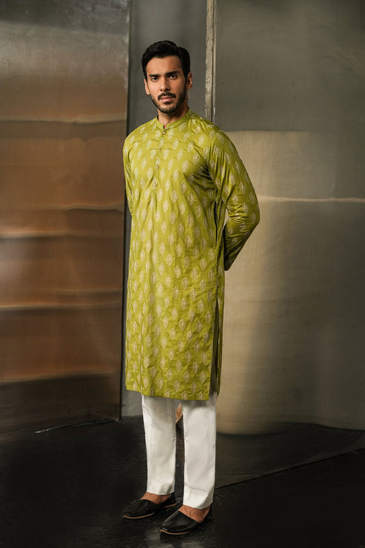 EMBROIDERED-KURTA-OLIVE - shop at Bareezeman