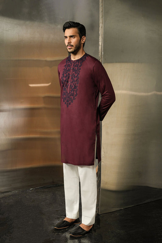 EMBROIDERED-KURTA-MAROON - shop at Bareezeman