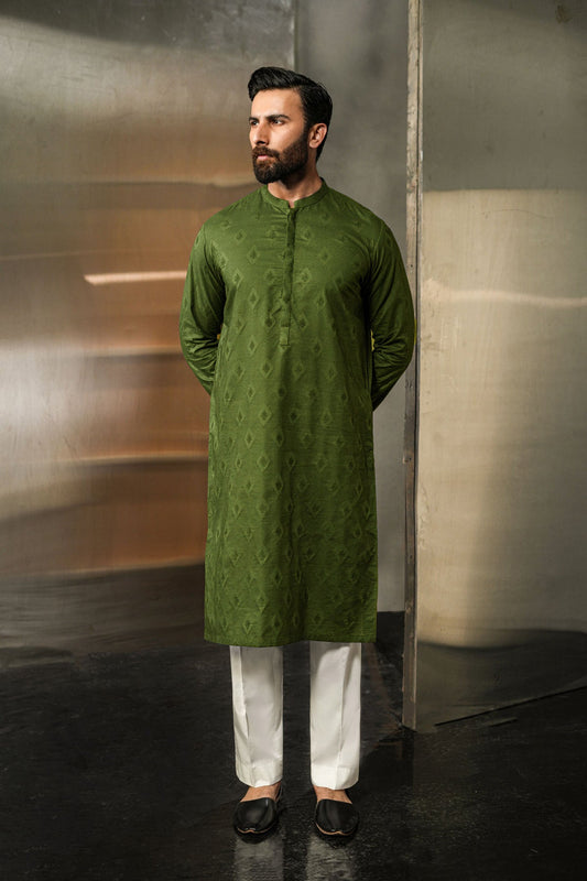 EMBROIDERED-KURTA-OLIVE - shop at Bareezeman
