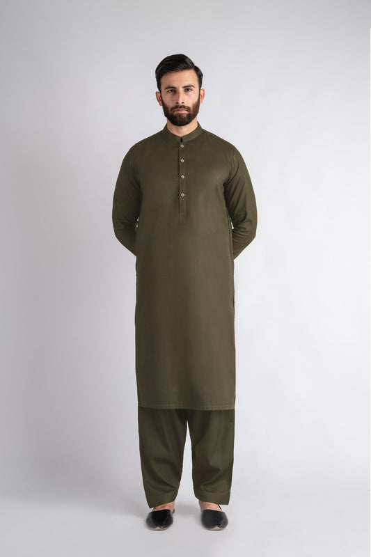 SHALWAR-KAMEEZ-OLIVE - shop at Bareezeman