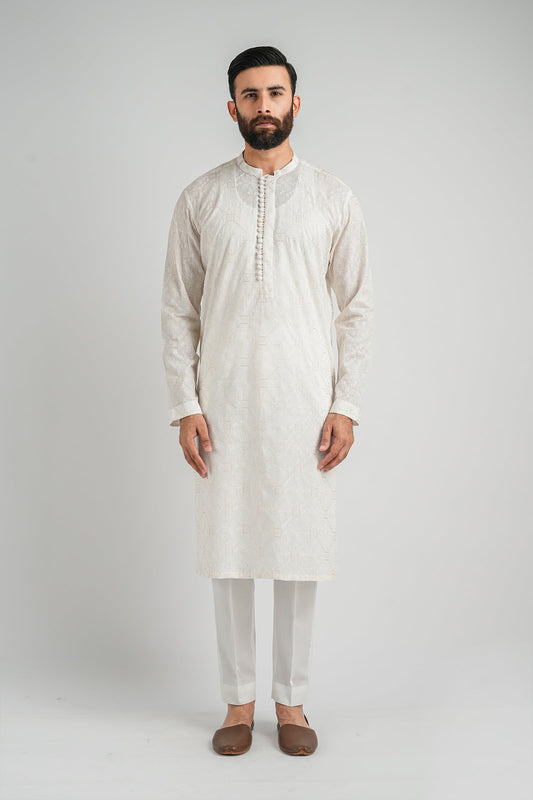 EMBROIDERED-KURTA-WHITE - shop at Bareezeman
