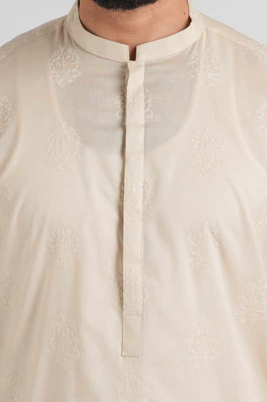 EMBROIDERED-KURTA-CREAM - shop at Bareezeman