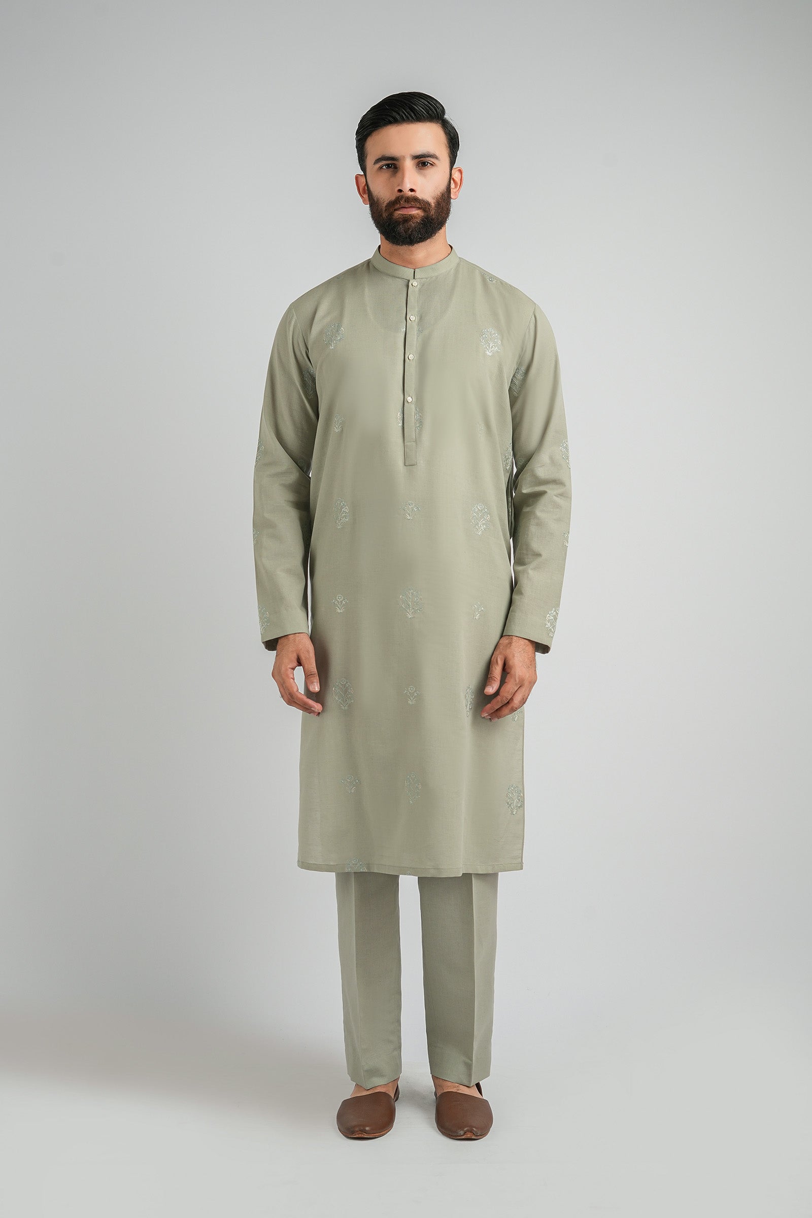EMBROIDERED-KURTA-TROUSER-IVORY-GREEN - shop at Bareezeman