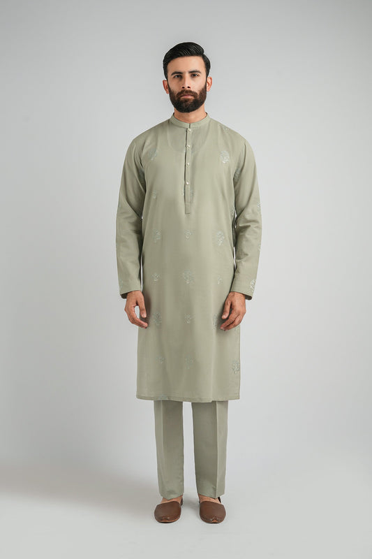 EMBROIDERED-KURTA-TROUSER-IVORY-GREEN - shop at Bareezeman