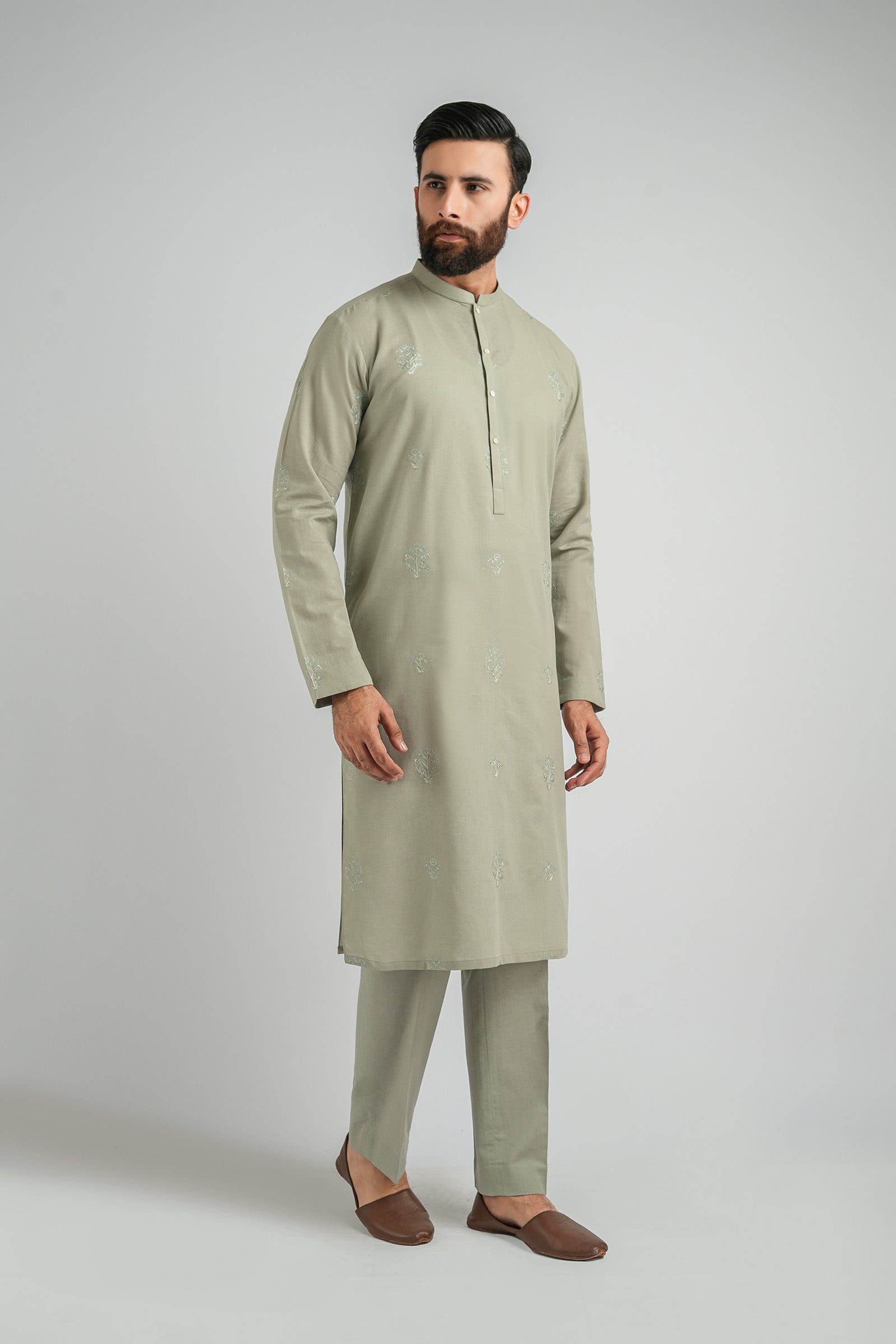 EMBROIDERED-KURTA-TROUSER-IVORY-GREEN - shop at Bareezeman