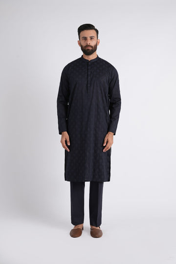 Intl-Embroidered Kurta Trouser-Navy-Blu