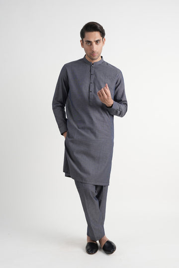 INT-Dobby Cotton Long Kurta Trouser Blue