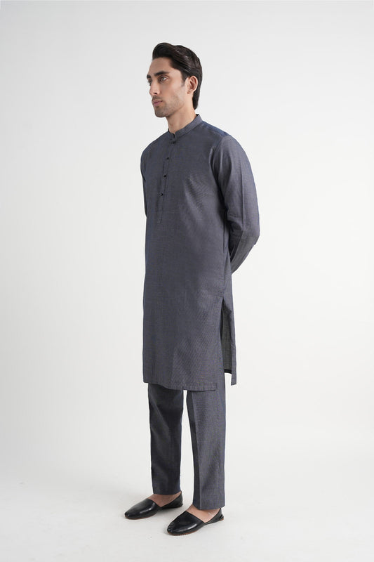INT-Dobby Cotton Long Kurta Trouser Blue