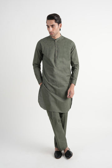 INT-Jacquard Cotton Kurta Trouser Green