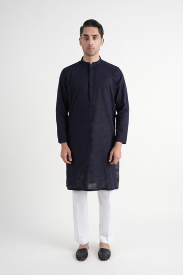 INT-Slub Khaddar Embroidered Kurta Navy Blue