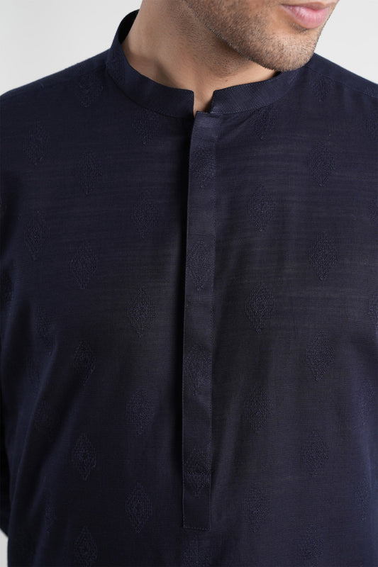 INT-Slub Khaddar Embroidered Kurta Navy Blue