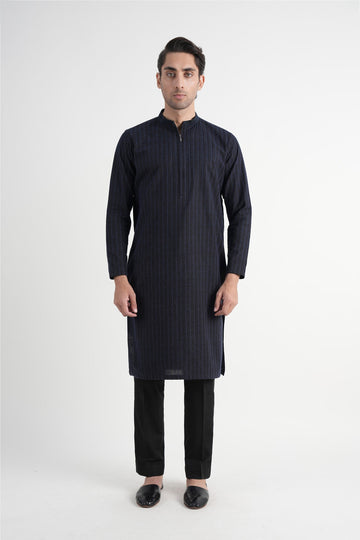 INT-Slub Khaddar Embroidered Kurta Trouser Black Blue