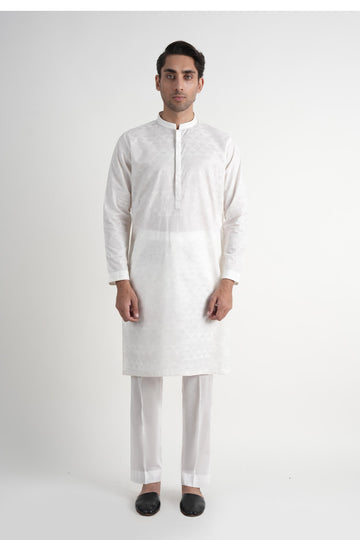 INT-Cotton Embroidered Kurta Trouser  Off White