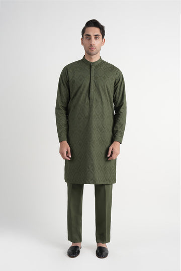Cotton Embroidered Kurta Trouser Green