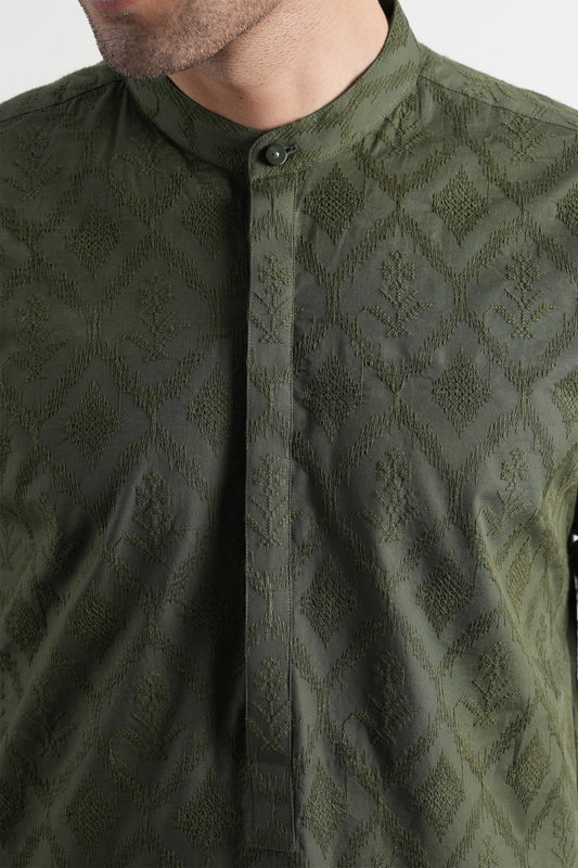 Cotton Embroidered Kurta Trouser Green
