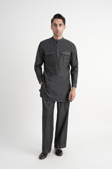 Denim Short Kurta Trouser Dark Grey