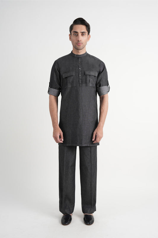 Denim Short Kurta Trouser Dark Grey