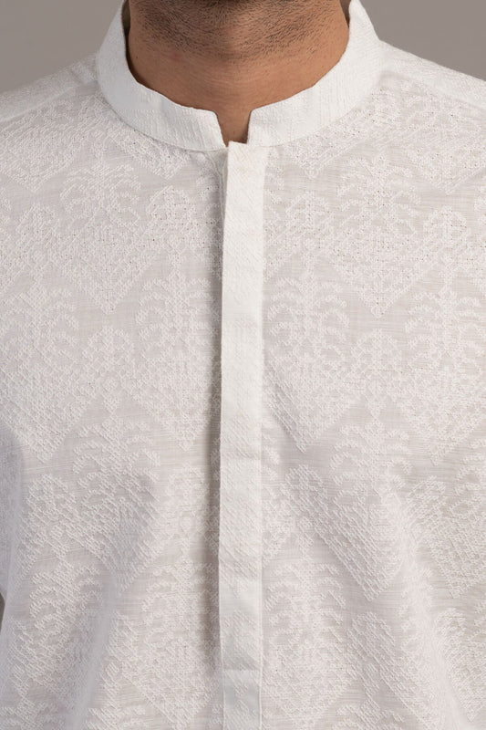 EMBROIDERED KURTA-WHITE - shop at Bareezeman
